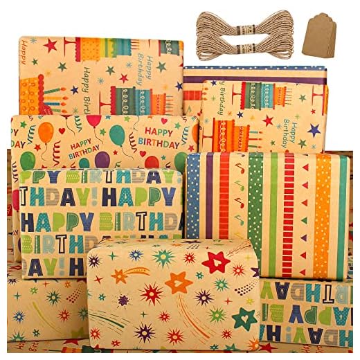 Wrapping Paper Birthday Wrapping Paper Sheets-Recyclable Gift Wrapping Paper Set with Gift Tags & String-Birthday Gift Wrap for Present Wrapping Paper with Brown Kraft and Colorful Design-Birthday Wrap Birhtday Paper for Men Women Girls Boys Kids