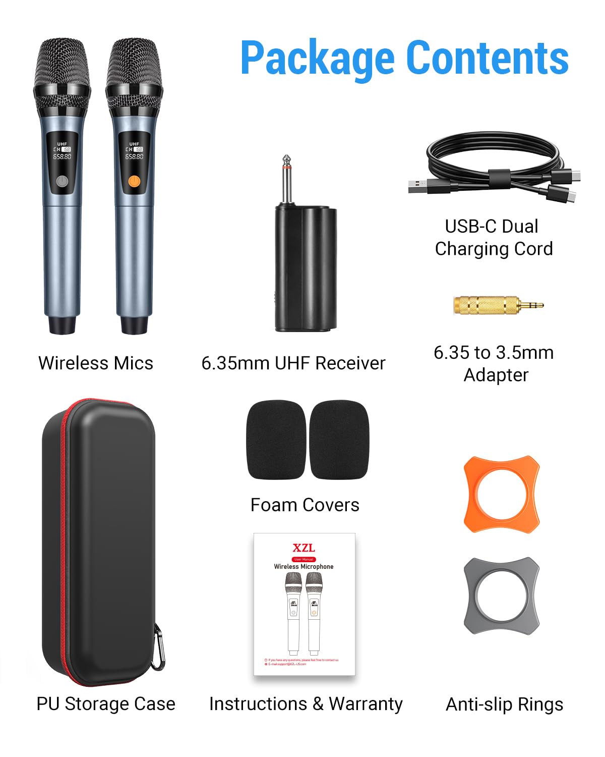 XZL Microfono wireless UHF, due microfoni cordless ricaricabili con ricevitore da 1/4", frequenza e volume regolabili, plug and play per canto karaoke, lezioni, ospite di nozze, chiesa, sistema PA
