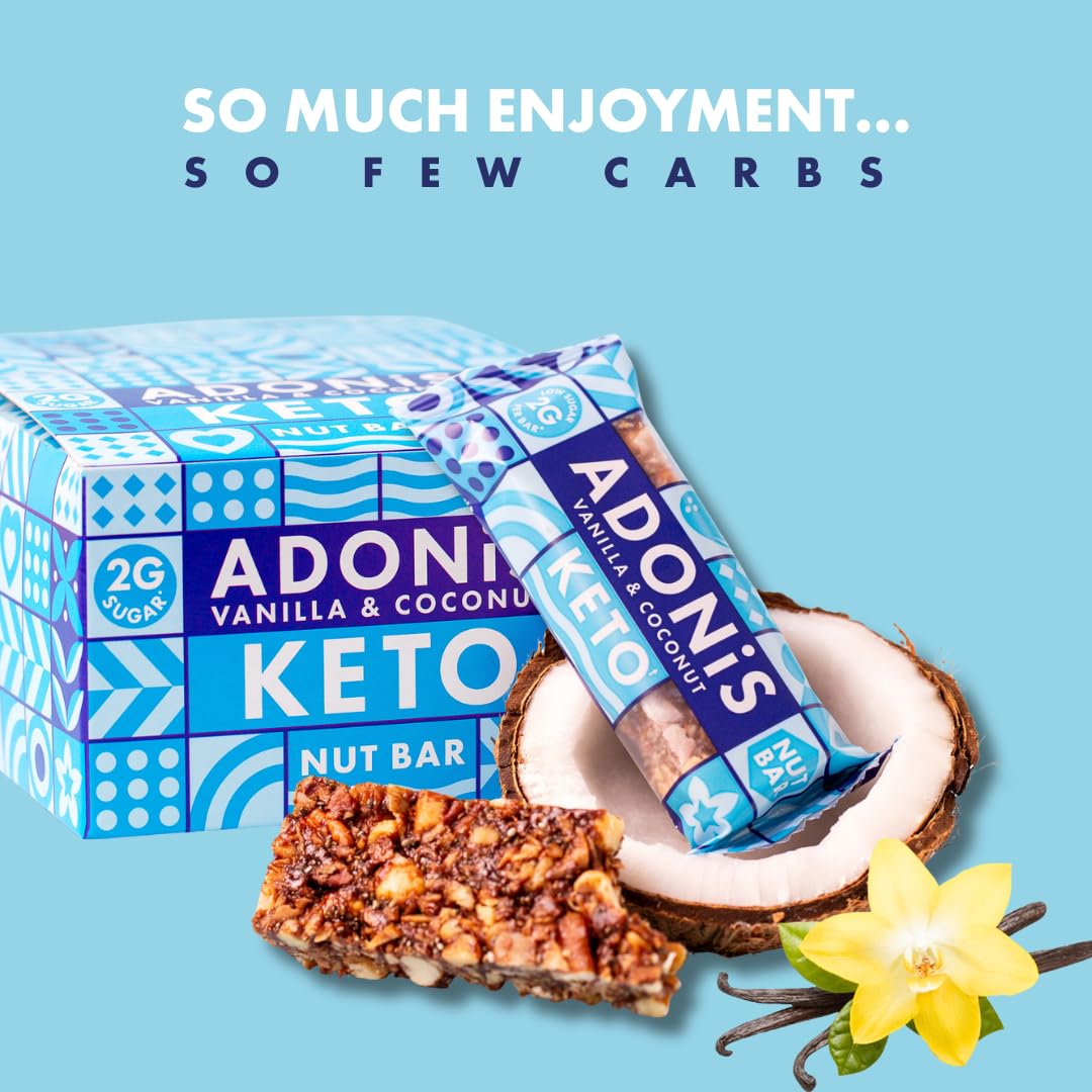 Adonis Keto Riegel Vanille- & Kokosnuss | 16x 35g | Keto Snacks | Vegan & 100% natürlich | Low Carb Bar und Low Sugar Snack | Perfect Keto-Diät Bars | Glutenfrei, ohne Zuckerzusatz (Vanille & Kokos)