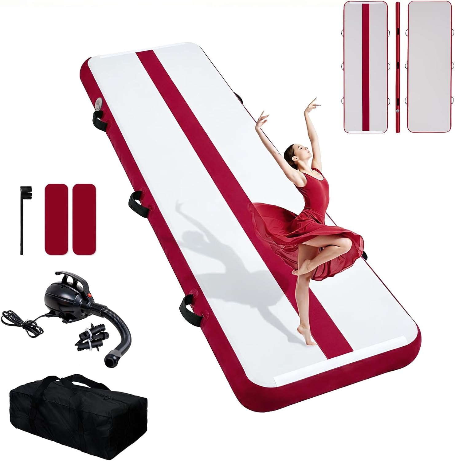 Tuxedo Sailor Inflatable Gymnastics Mat with Electric Pump, Storage Bag, Repair Kit–Air Mat for Home Training, Cheerleading, Yoga
