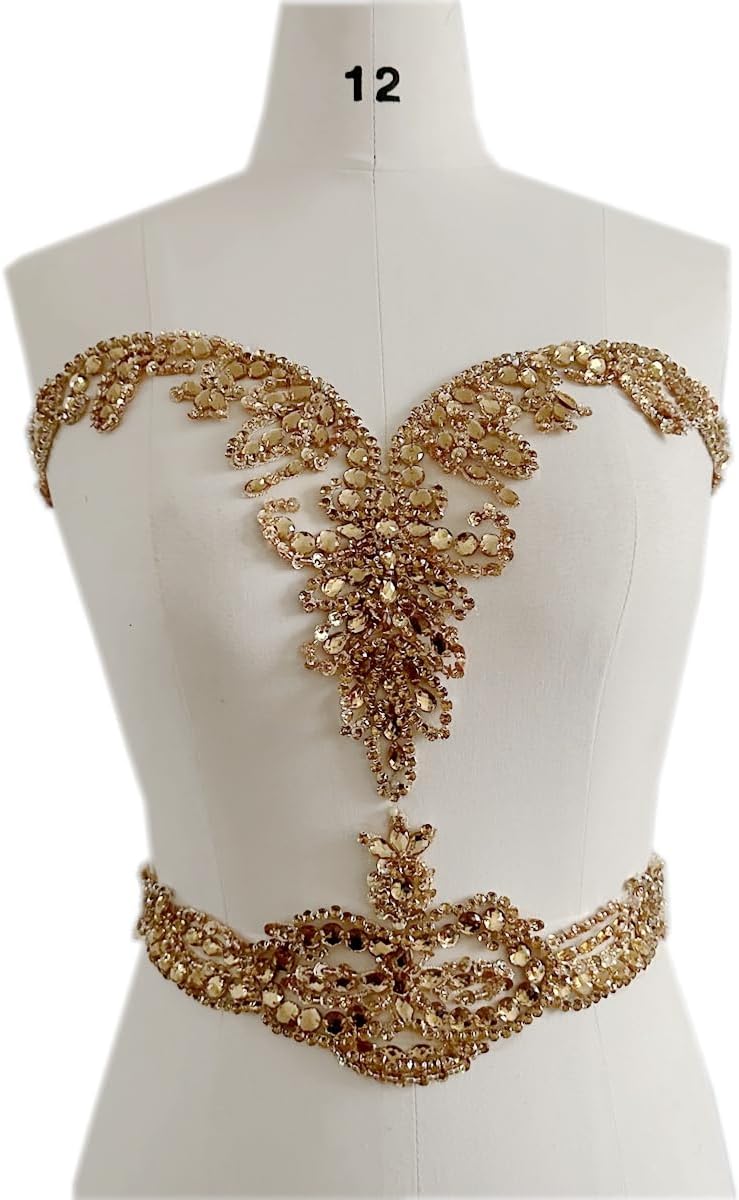 Large Size Pure handsewing Rhinestones Beads Applique for Dress Clothing Neckline and Waist Trim sew on Shining Crystal Sequins lace Patches one Set/Bag (Champagne)