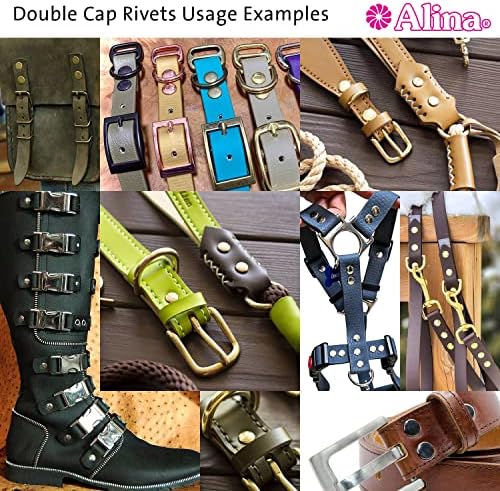 200 x 11mm Long Antique Brass Alina Double Cap Rivets (4mm Hole, 12mm Cap) | Metal Steel Antique Brass Colour Hand Press Rivet for Leather/Webbing for Belt, Collar, Harness, Backpack, Dog Lead, Craft