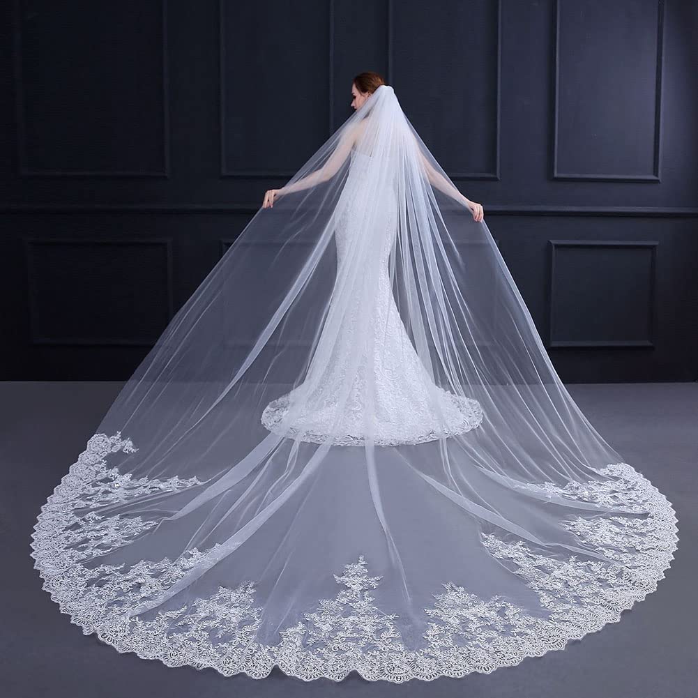 DAIHAN Donna Paillettes Squisite a Coda Lunga Morbida Velo da Sposa con Bordo in Pizzo con Pettine Caduta della lunghezza della Cattedrale per la festa dell'abito da ballo