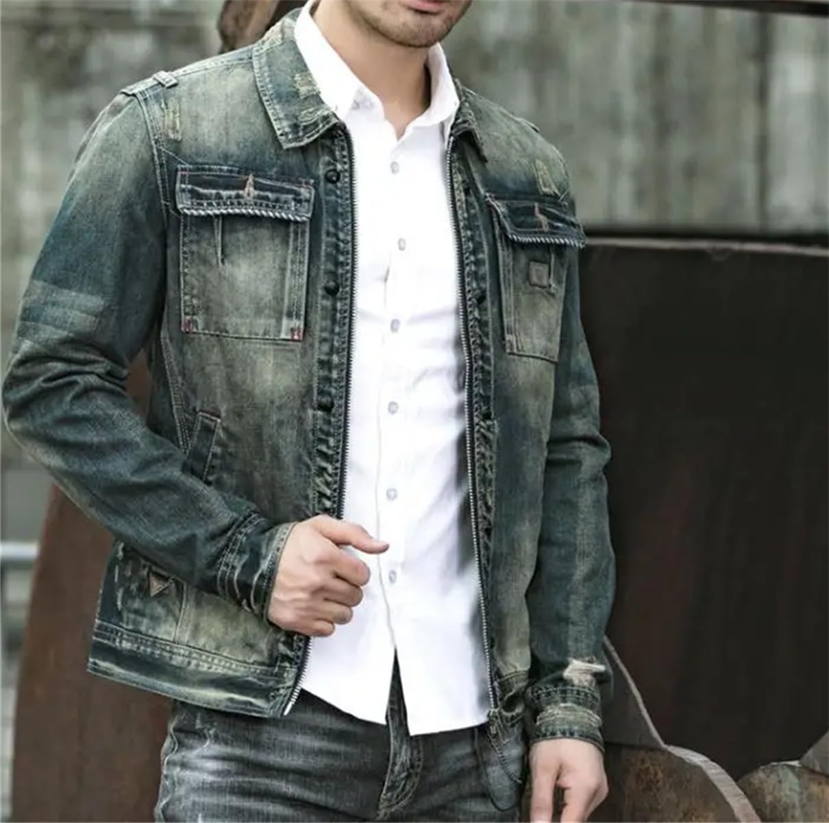 Motorcycle Men's Zipper Motorcycle Denim Jacket Japanese Retro Slim Fit Denim Jacket