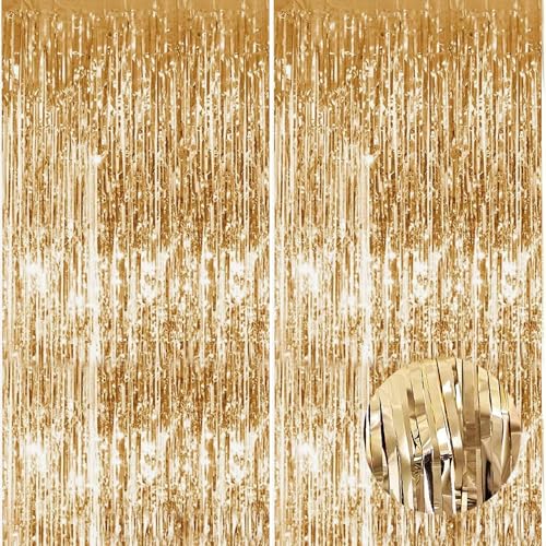 2pcs 3.2 x 8.3ft Glitter Champagne Gold Tinsel Curtain Streamers Door Fringe Foil Curtain Backdrop Birthday Party Decorations for Girls Women Hen Do Engagement Graduation Party Decor Banner