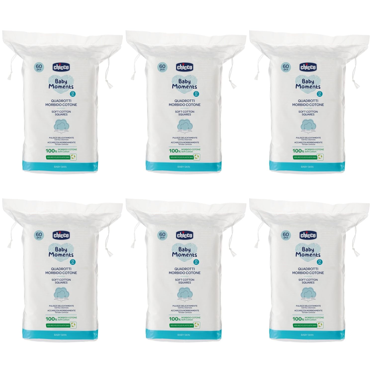 Chicco Baby Moments Quadrotti in Cotone Morbido, 360 Pezzi, 100% Cotone Puro, Multipack 6x60