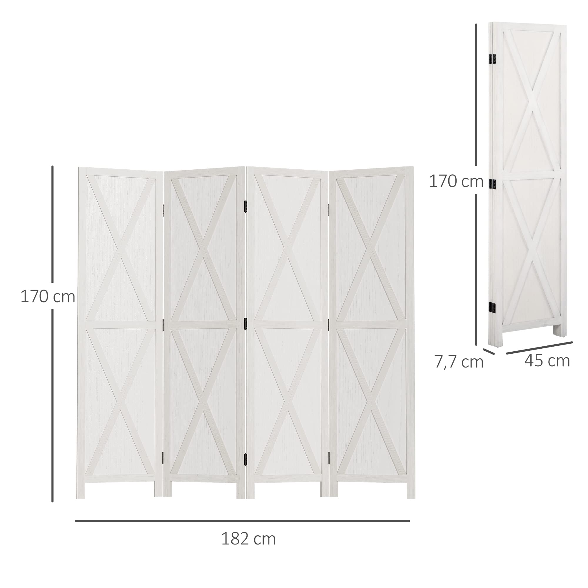 HOMCOM Biombo de 4 Paneles 182x170 cm Separador de Ambientes Plegable Biombo Separador de Ambientes para Salón Dormitorio Oficina Blanco