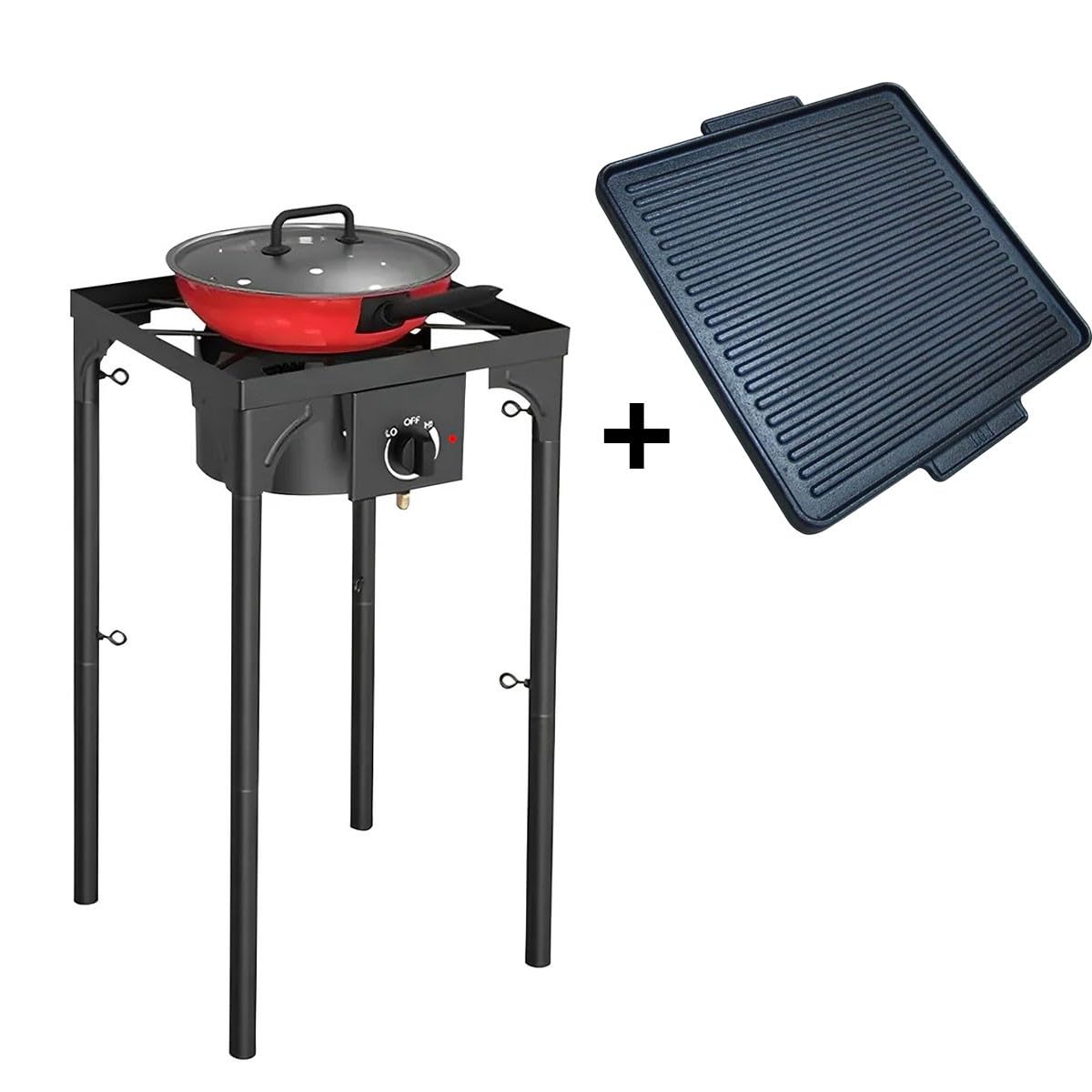 INTEC - Kuchenka gazowa z 1 palnikiem Grill 4,5kW 2 w 1 palnik żeliwny + żeliwna płyta grillowa 40 x 40 cm 3 wysokości piezo