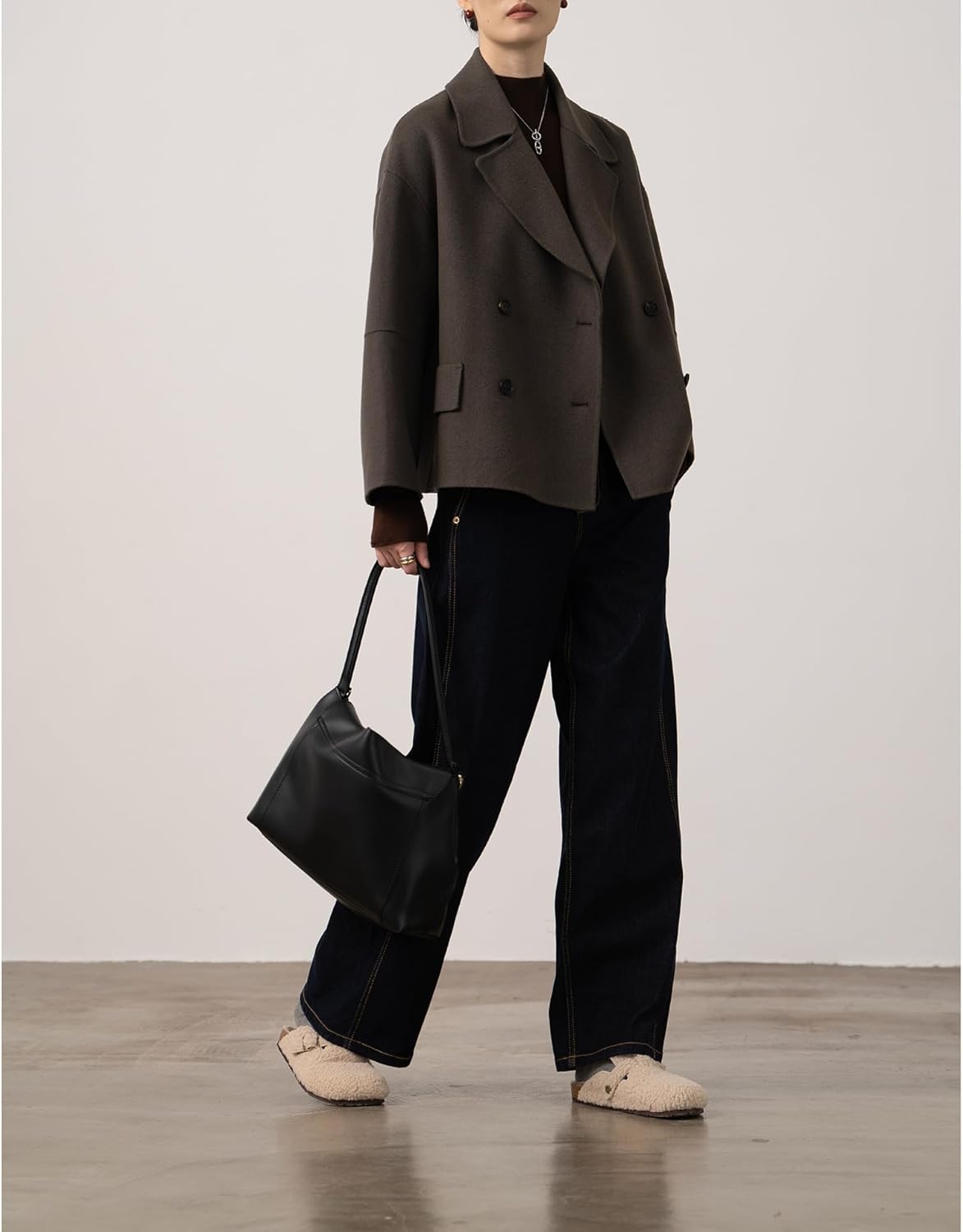 utcoco Women Cropped Wool Pea Coats Notched Lapel Double Breasted Crop Woolen Trench Coat Short Jackets with Pockets