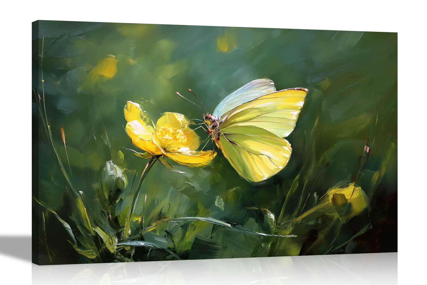 Artley Prints - Yellow Butterfly and Flower Floral Canvas Prints Modern Wall Art for Home Conservatory Pictures Ready to Hang 51 x 35cm (20 x 14 inches)