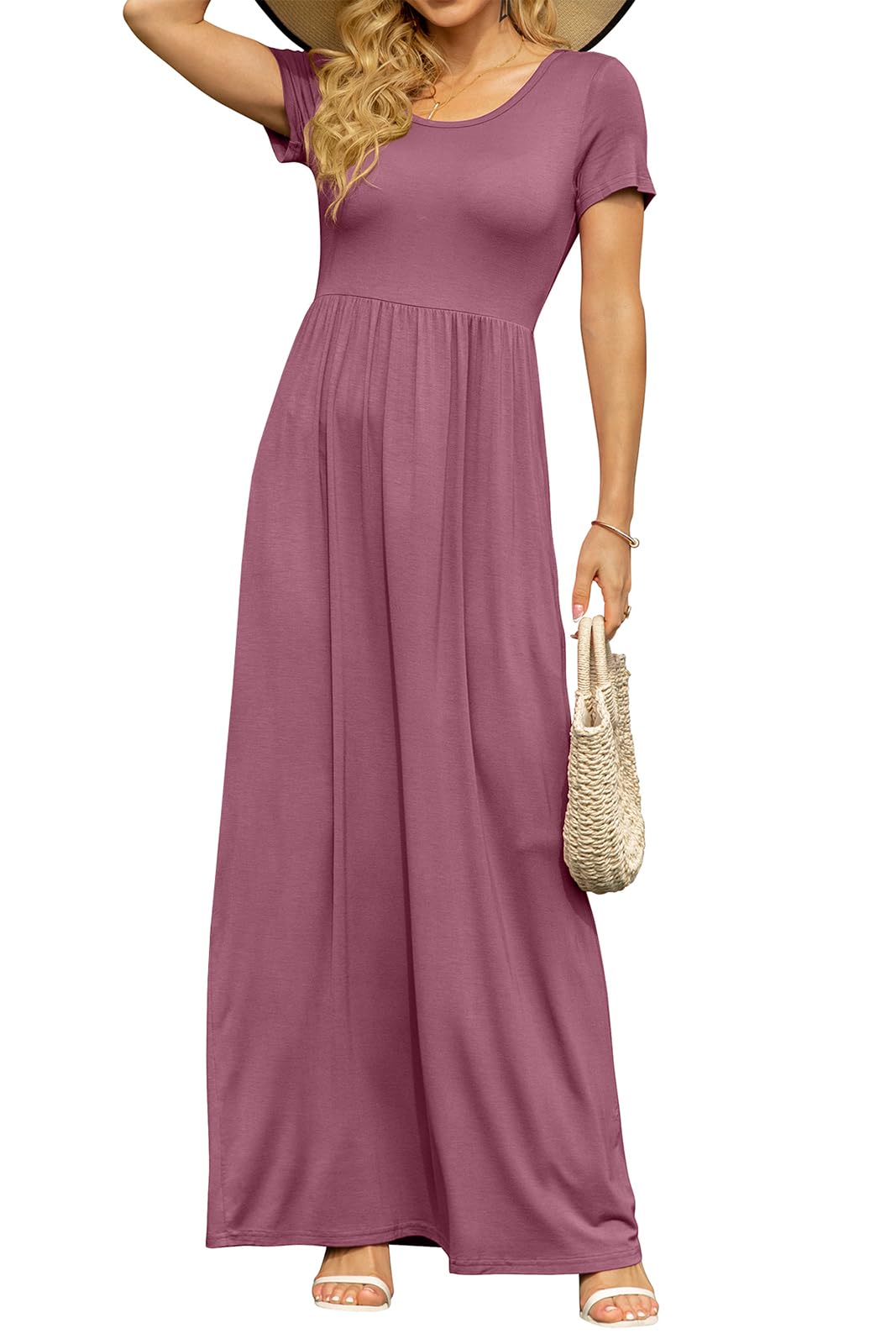 DB MOON Womens 2026 Summer Maxi Dresses Casual Short Sleeve Empire Waist Spring Long Dress with Pockets