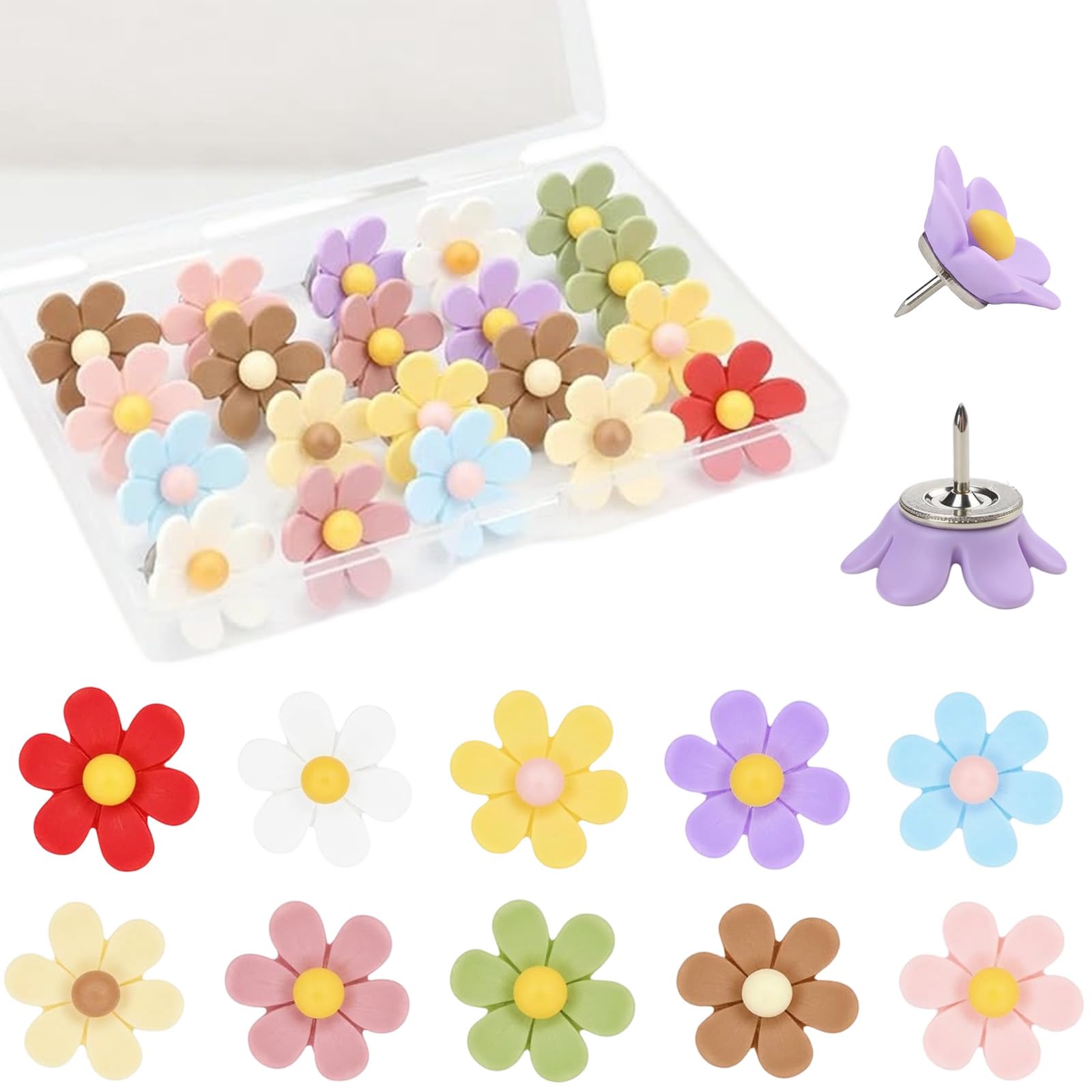 30Pcs Flower Drawing Pins, Colorful Push Pins for Notice Boards and Walls, Sturdy Drawing Pins Cute Stuff for Girls, for Office, School and Home, Ideal Push Pins for Notes and Posters — image 1