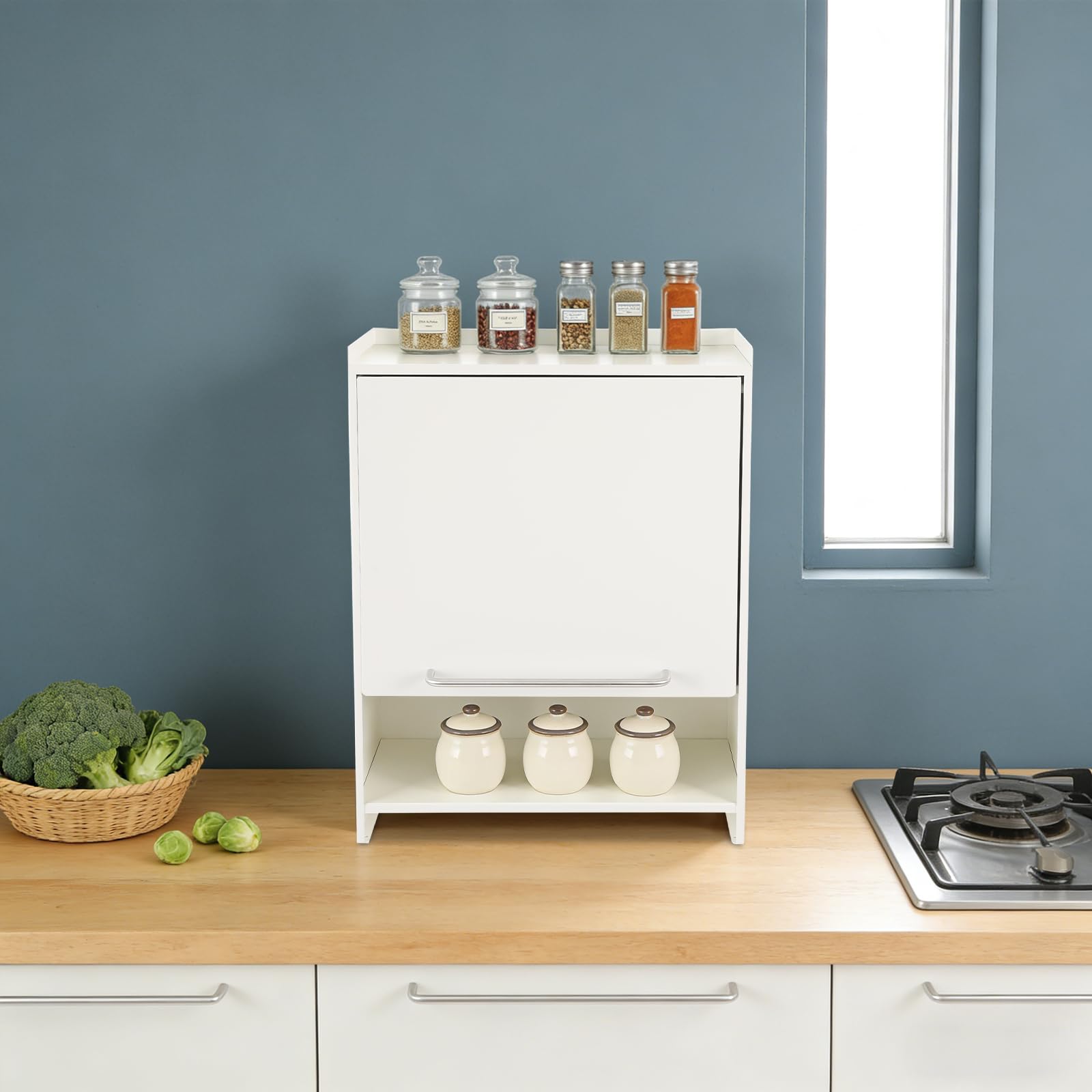 Scaffale portaspezie compatto per piano di lavoro, scaffale da cucina con coperchio scorrevole, 2 ripiani, magnetico, 37,5 x 16 x 49,5 cm, bianco, metallo/laccato, salvaspazio, per spezie