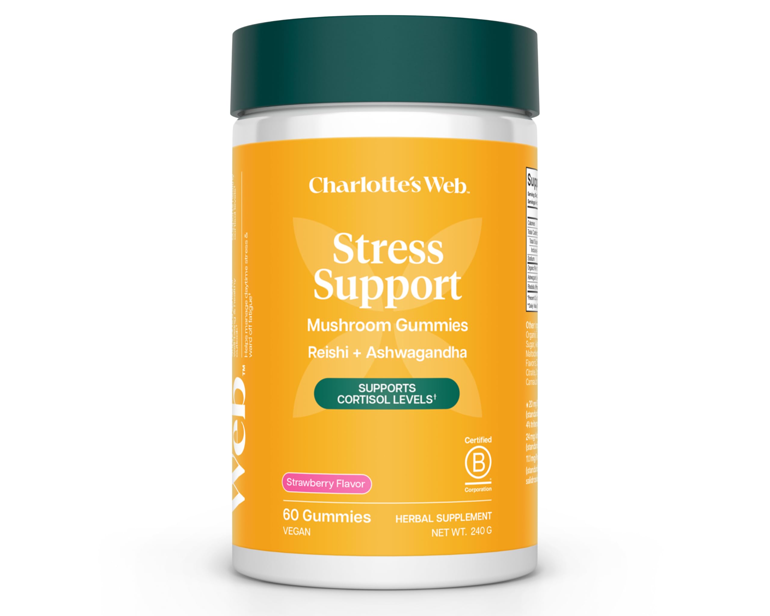 Charlotte's Web Stress Support Mushroom Gummies w/Reishi, Ashwagandha, Rhodiola Rosea Supplement — Natural Supplement — Strawberry-Flavored Ashwagandha Gummies (30 Servings)