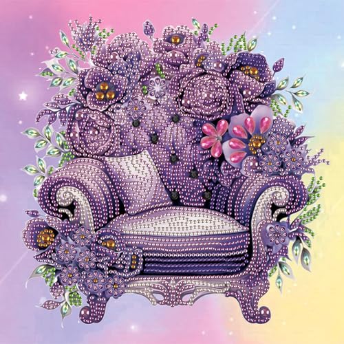Image of AiYuanzsh Purple Floral Sofa Diamond Art Kits for Adults, 5D Special Shape Crystal Rhinestone Diamond Painting, DIY Diamond Art Kits for Beginners, Home Wall Decoration Gift, 12x12 Inch