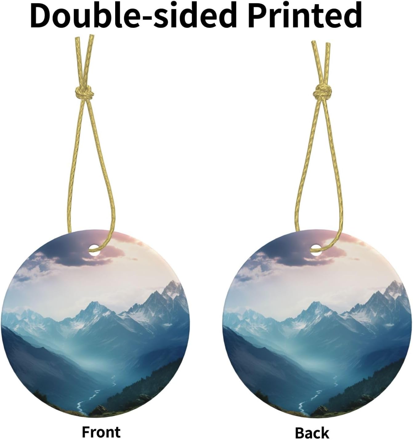 Misty Mountain Christmas Ornament Round Ceramic Hanging Ornaments for Christmas Tree Holidays Ornaments with Gold Rope Hanging Porcelain Pendants for Party Xmas Decoration