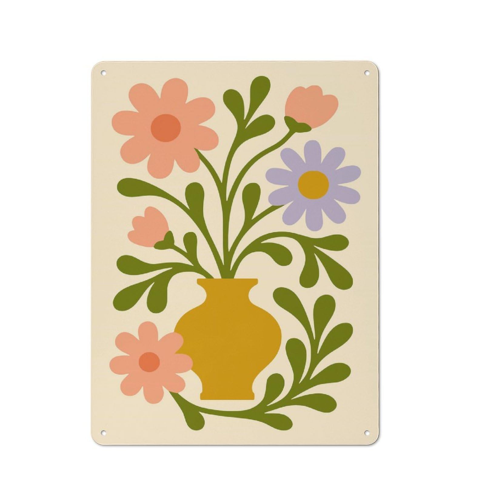 Junmoney Style-19 Metal Wall Plaque With Floral Arrangement In Vase Illustration Design 40X30cm, Simple Retro Studio Wall Plaque For Hobby Room, Office, Lounge Or Living Room