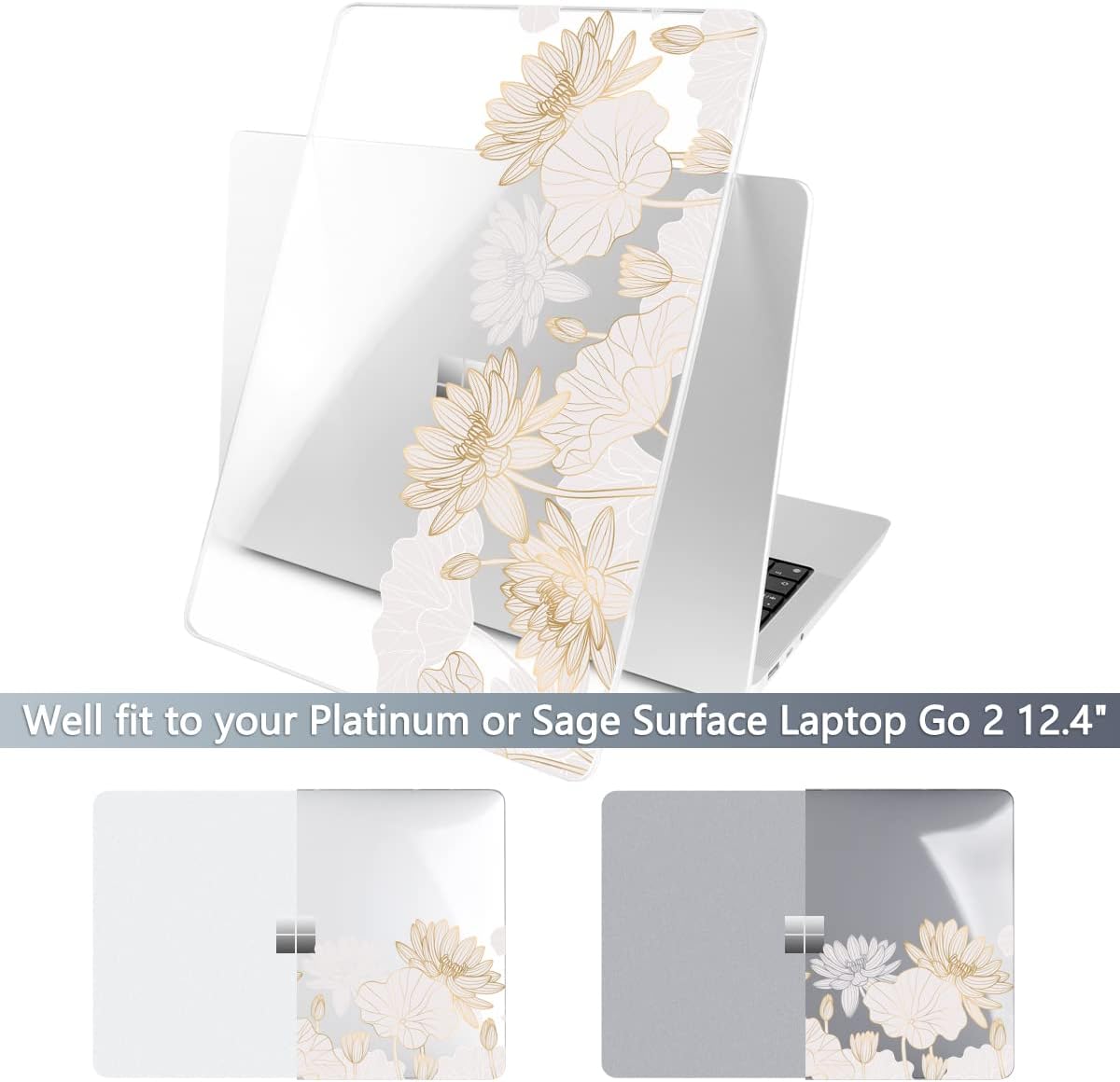 Batianda Case for 12.4" Microsoft Surface Laptop Go 3 2023 Release/Surface Laptop Go 2 (2022), Designed Clear Protective Plastic Hardshell & Keyboard Cover & Screen Protector, Golden Lotus