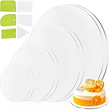 YOUNGSAY 8 x Acrylic Cake Discs with 6 Cake Scrapers, 10/15/20/25 cm Non-Adhesive Round Acrylic Cake Discs for Carrying Cakes and DIY Projects