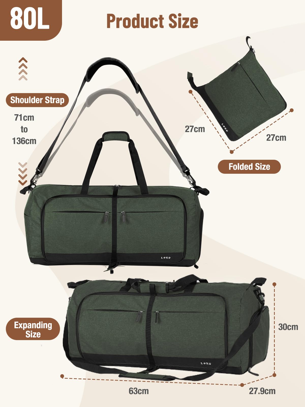 Lekesky Grande borsone da viaggio pieghevole, impermeabile, con scomparto per scarpe, borsa sportiva per il fine settimana, per donne e uomini, Verde, 80L, borsa da viaggio