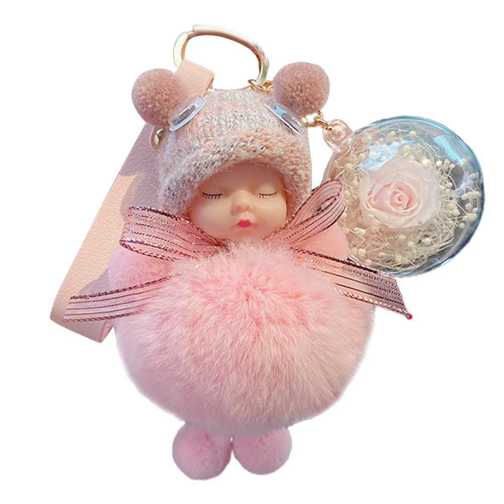 KENANLAN Sleeping Baby Keychain Cute Baby Doll Keychain with Fluffy Faux Fur Ball and Rose Glass Ball,Bag Car Pendant Decor,Gifts for Women Girls (Pink)