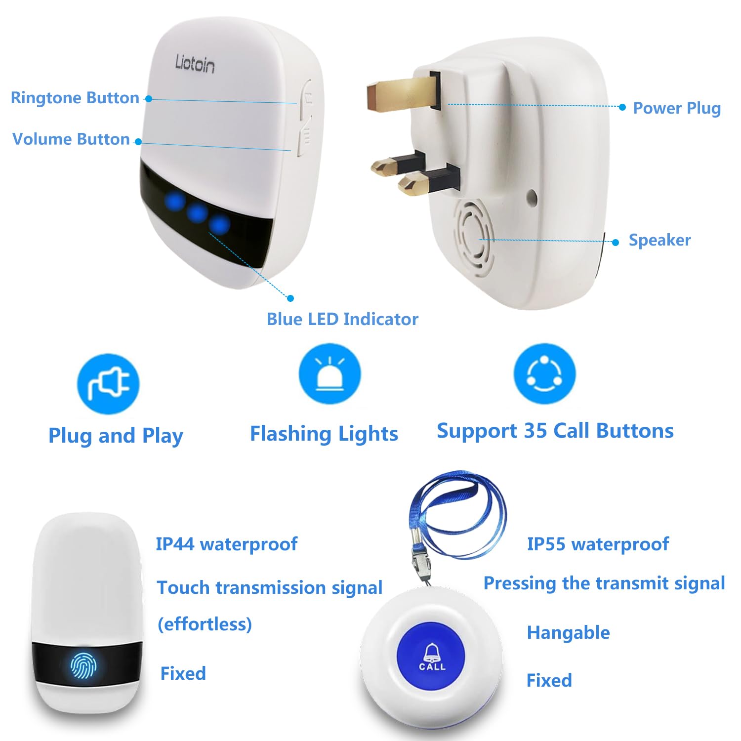 Cercapersone Wireless Per Anziani Con Pulsante Di Chiamata Impermeabile, Sistema Di Emergenza 180m, 36 Suonerie E Modalità Silenziosa (5 Trasmettitori + 4 Ricevitori)
