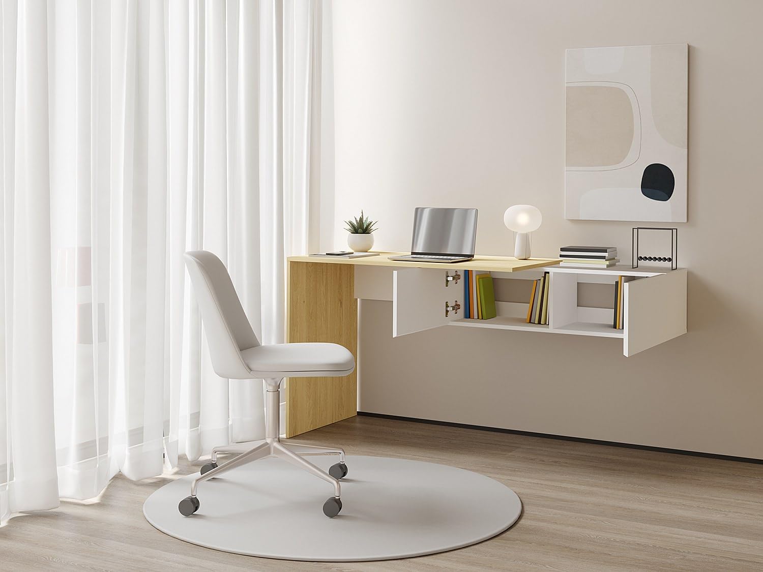 Vente-unique - Bureau Console Suspendu avec 2 placards - Coloris : Naturel et Blanc - MOLAWA - avec Rangement