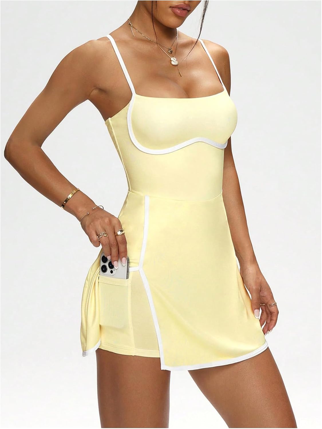 SweatyRocks Women's Tennis Dress with Built in Shorts and Bra Spaghetti Strap Split Hem Golf Dress - Image 2