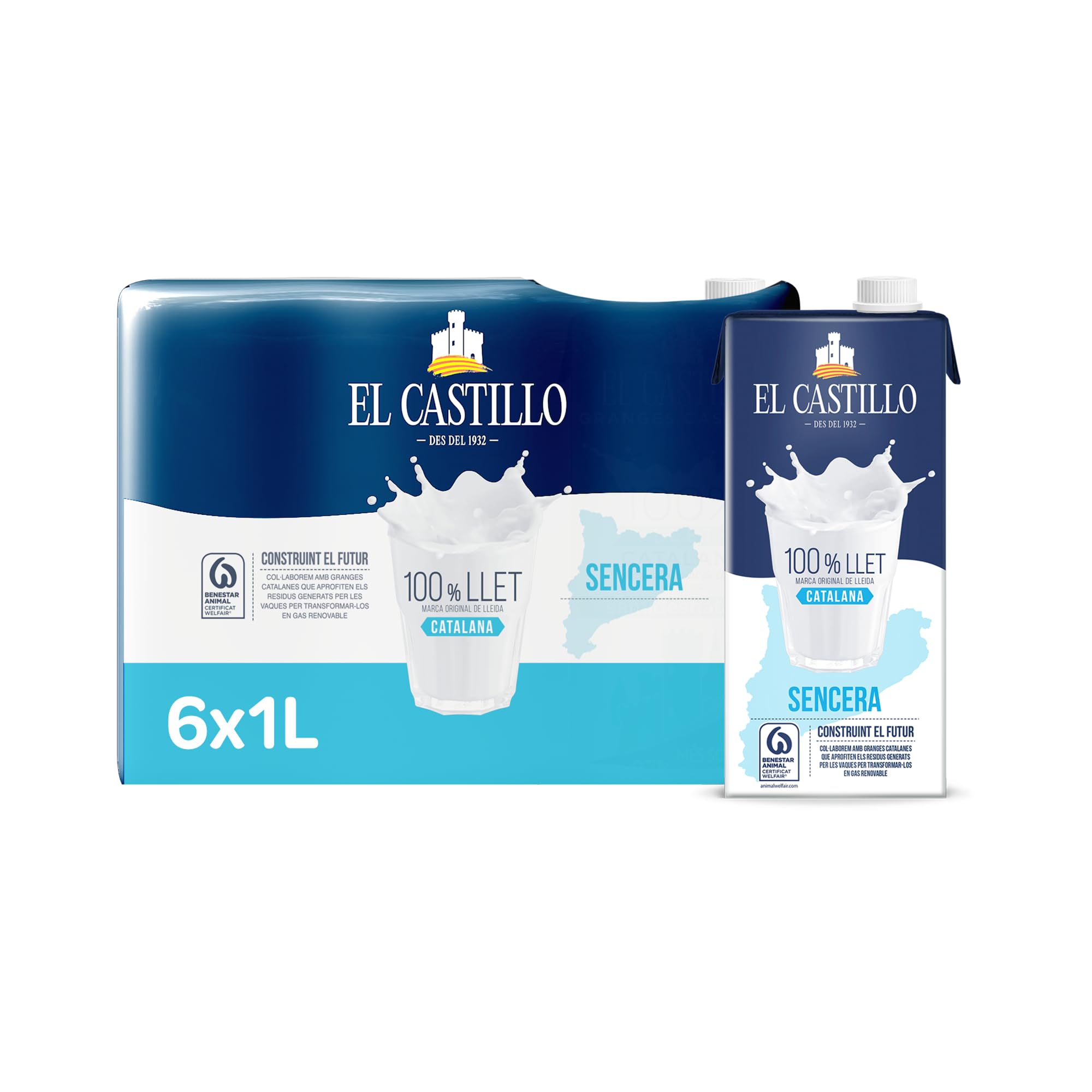 El Castillo Leche Entera Rica en Calcio y Proteínas Sin Gluten Sin Azúcares Añadidos Pack 6x1L