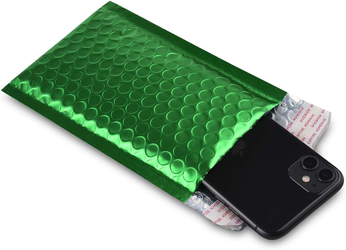 Small Size Metallic Matte Green Bubble Mailers Mailing Padded Envelopes- Self-Seal Closure Bubble Shipping Bag 4x8 Inch- Pack of 25