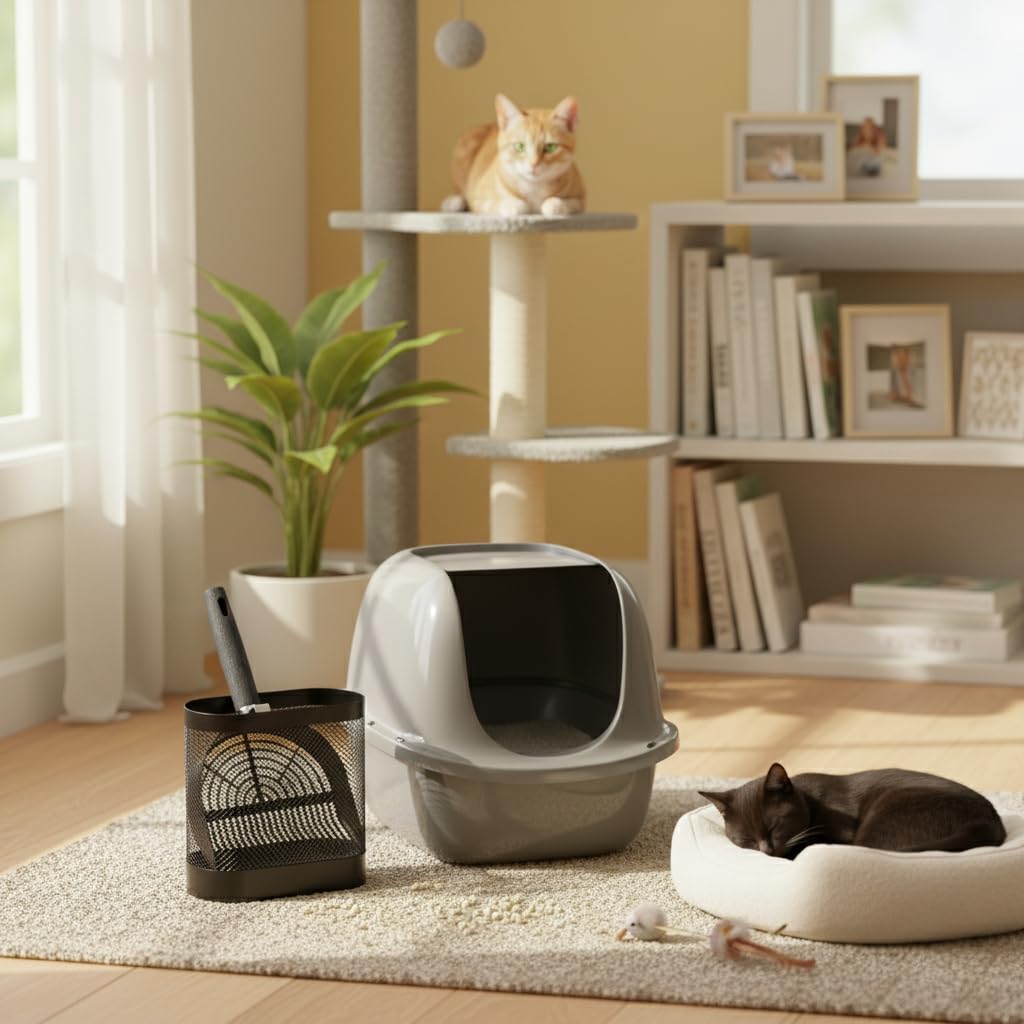 Pelle à Litière pour Chat en Métal avec Support, Set Pelle Litière Double Format, Panier de Rangement en Maille avec Distributeur de Sacs Caché, 3 Rouleaux Inclus, Facile à Nettoyer, Noir Antirouille