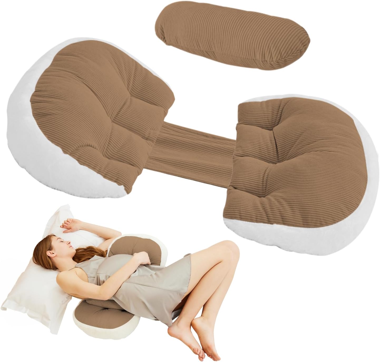 Trankerloop Pregnancy Pillow for Sleeping, Maternity Pillow with Pillow Cover - Support for Back, Legs, Belly, HIPS,Brown