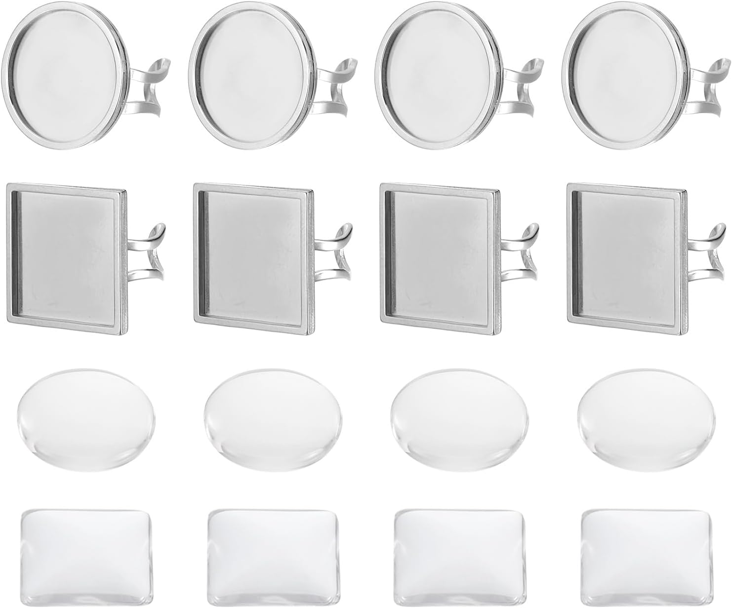 MECCANIXITY 8Pcs Metal Ring Base Blank, 12mm Adjustable Cabochon Ring Blank Base Pad Flat Ring Bezel Tray with 8Pcs Clear Glass Cabochon for Jewelry Making DIY Carvings (Silver)