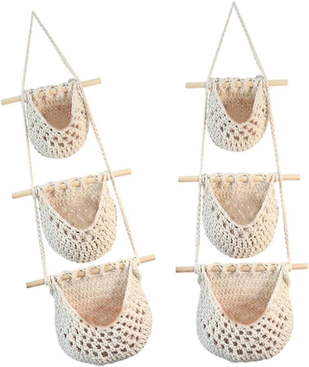 2pcs Woven Hanging Fruit and Vegetable Storage Basket Organizer for Kitchen Wall Rope Design for Easy Access and Stylish Decor