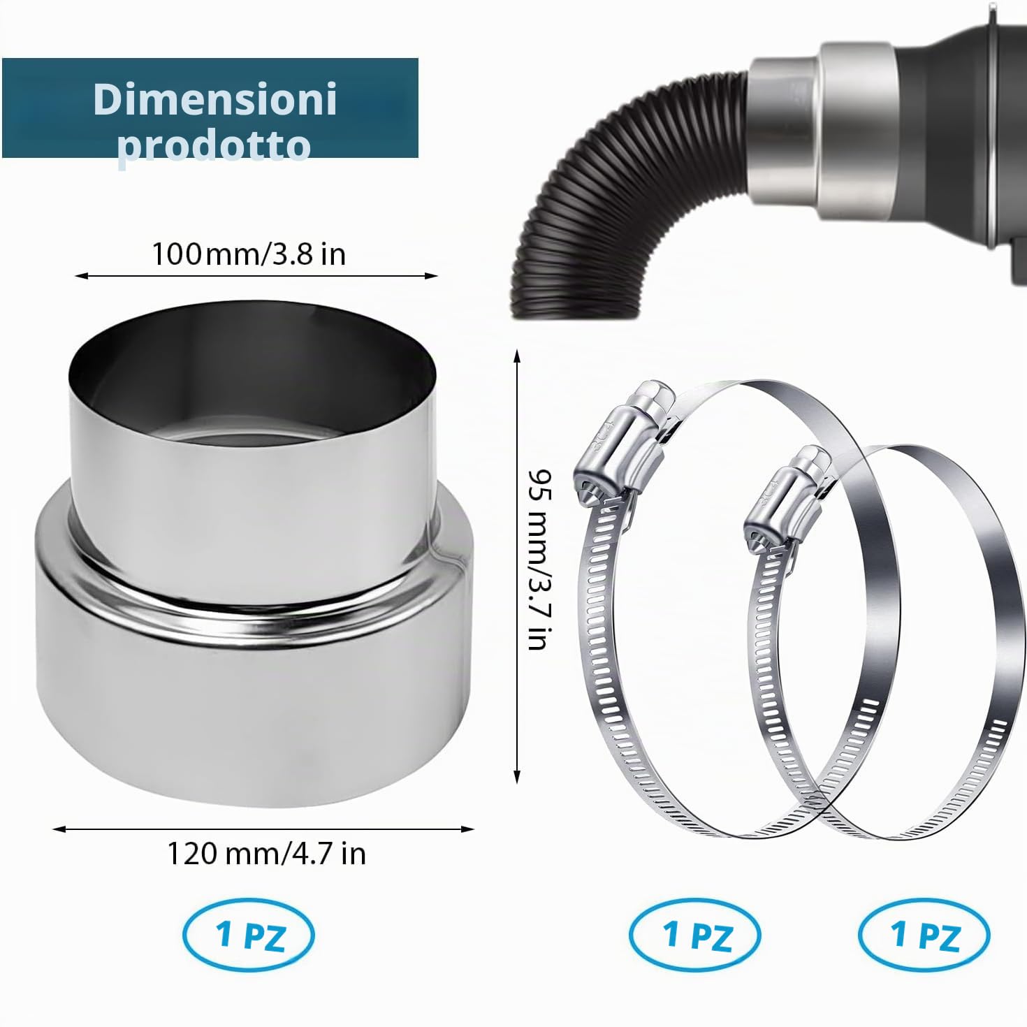Riduzione canna fumaria 120 mm a 100 mm Tubo Stufa Riduttore Acciaio Inox Soffiato Scarico con 2 fascette