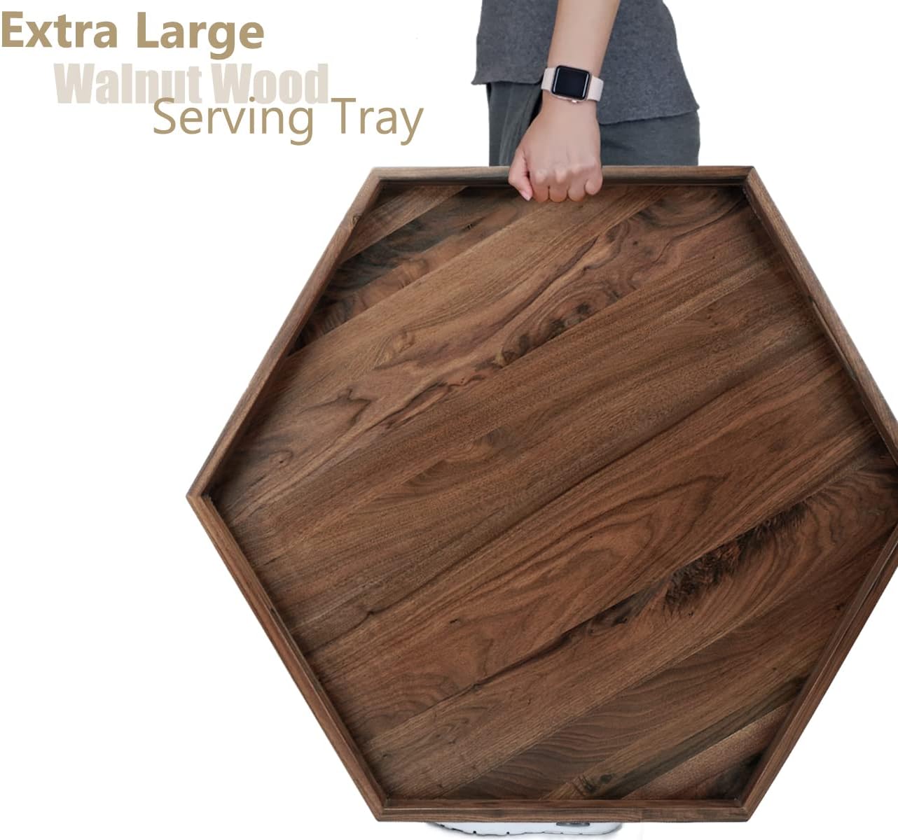 30 x 26 Inches Extra Large Hexagonal Black Walnut Wood Ottoman Tray with Handles, Serve Tea, Coffee, Classic Hexagon Wooden Decorative Serving Tray