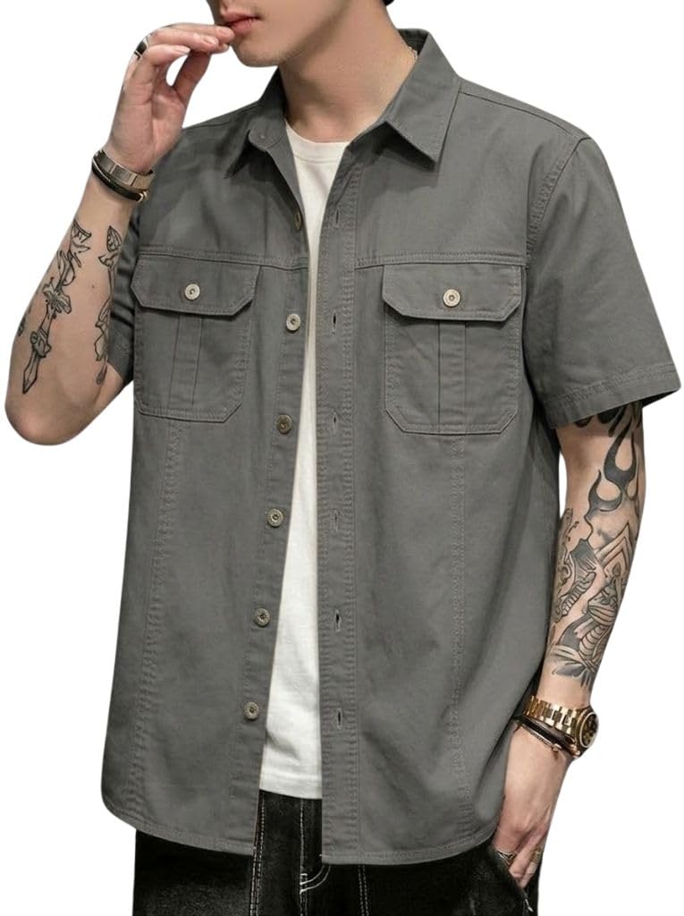 Men's Casual Solid Printed Cotton Regular Fit Shirt || Half Sleeve, Button Down, Double Front Pocket || Denim Shacket Style Fashionable Western Outfit-image-46