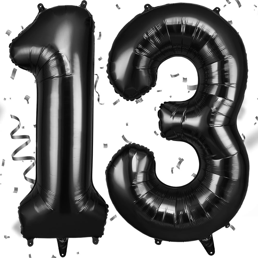 AOOSU Zahlen Luftballon Schwarz Folienballon 13, 40 Zoll Helium Ballons Geburtstagsdeko Mädchen Junge Kindergeburtstag Party Deko Ballon Zahl Deko zum Geburtstag Silvester Deko Neujahr Deko