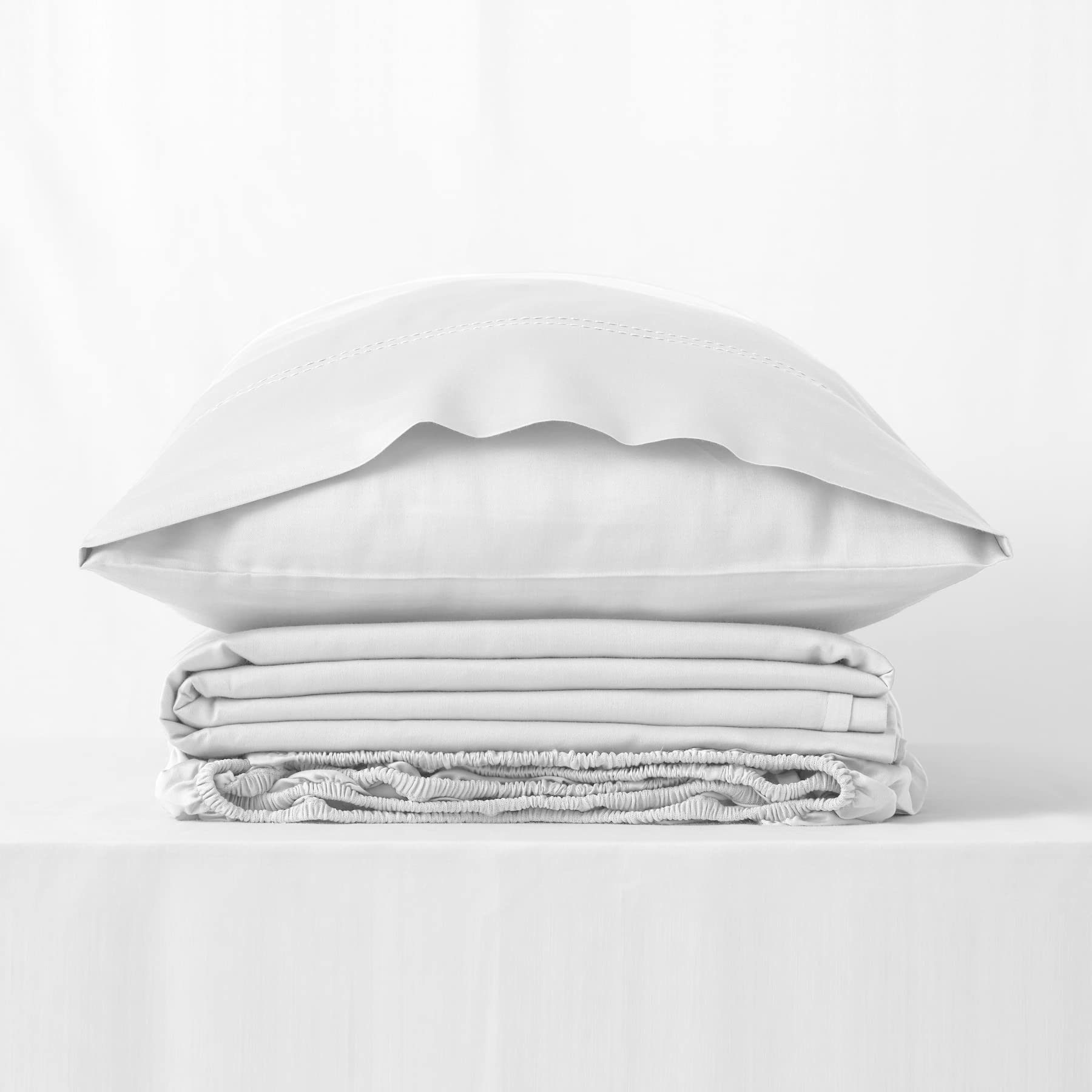 Juego de sábanas de algodón orgánico Color Blanco - Cama de 150 (3 Piezas) - Certificado Gots - Satén de 300 Hilos - Acabado en Doble Pespunte