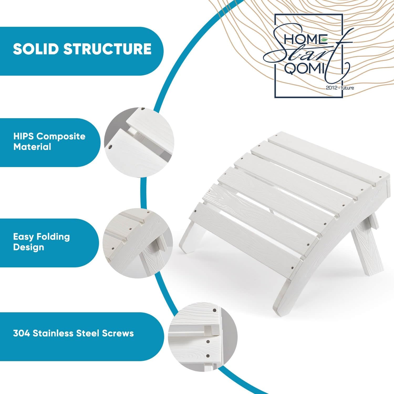 Adirondack Ottoman, Plastic Folding Adirondack Footstool, All Weather Ottoman for Adirondack Chairs, Widely Used for Outdoor, Porch, Patio, Garden, Poolside, Fire Pits - White