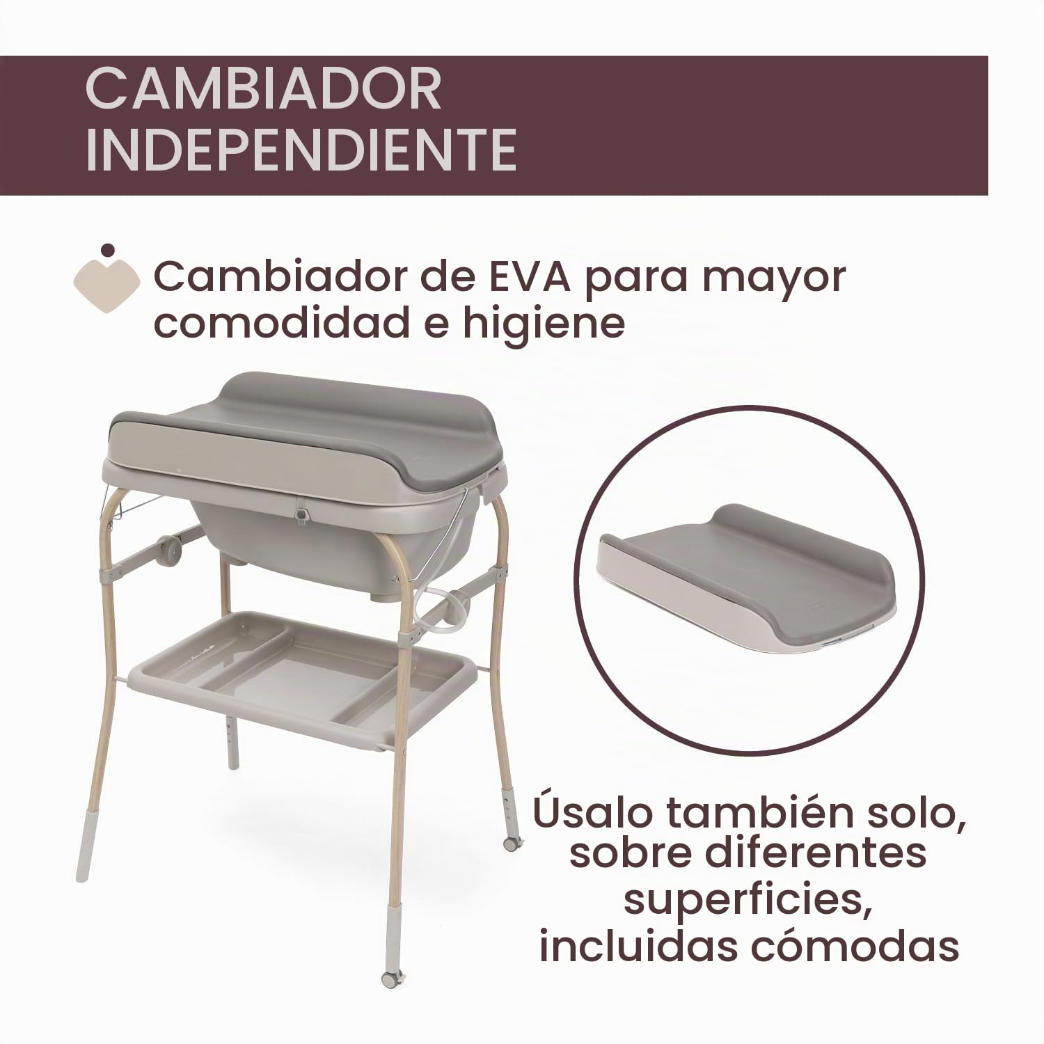 Chicco Cambiador Plegable Soft Bubble Armonía, Cambiador para Bebé con Bañera Integrada, Cubeta Extraíble 4en1, Estructura Ahorraespacio con Ruedas, Altura Regulable, Patas con Efecto Madera