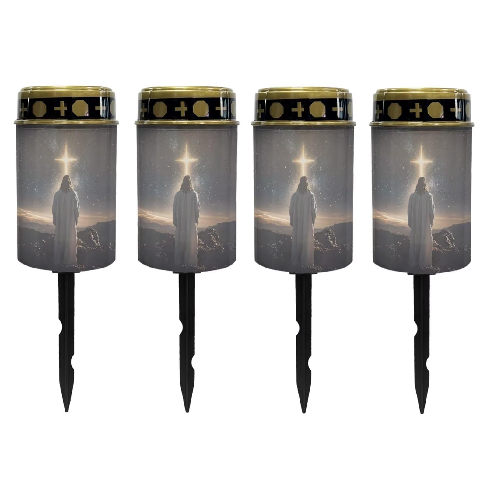 Poceacles 4 Pack Cross Outdoor Lights Solar Powered Flameless Candle Cemetery Votive Candles Waterproof Outdoor Memorial Candle Solar Stake Lights for Grave Cemetery, God Cross Galaxy Brown