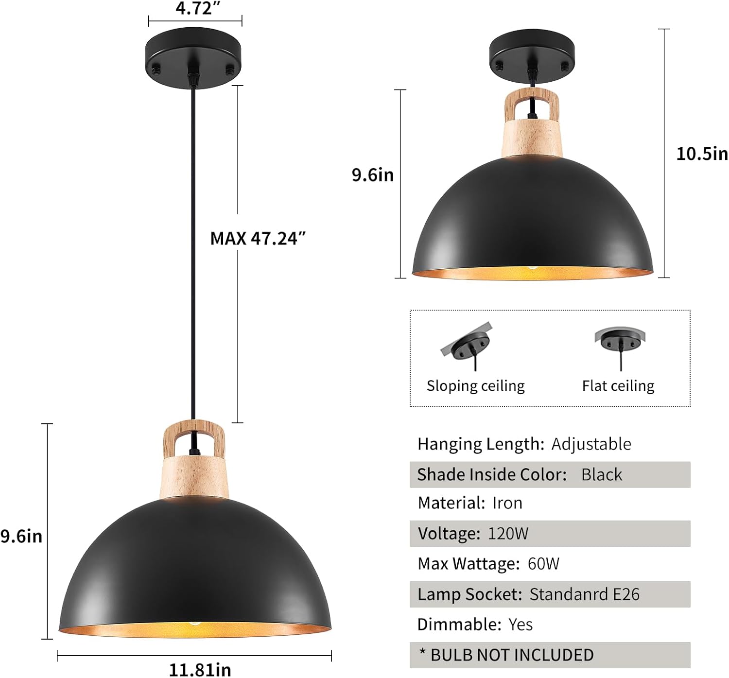 Black Pendant Light, 3 Packs 11.8inch Modern Pendant Lights, Farmhouse Pendant Lights Kitchen Island, Kitchen Pendant Light for Bedroom; Office; Living Room