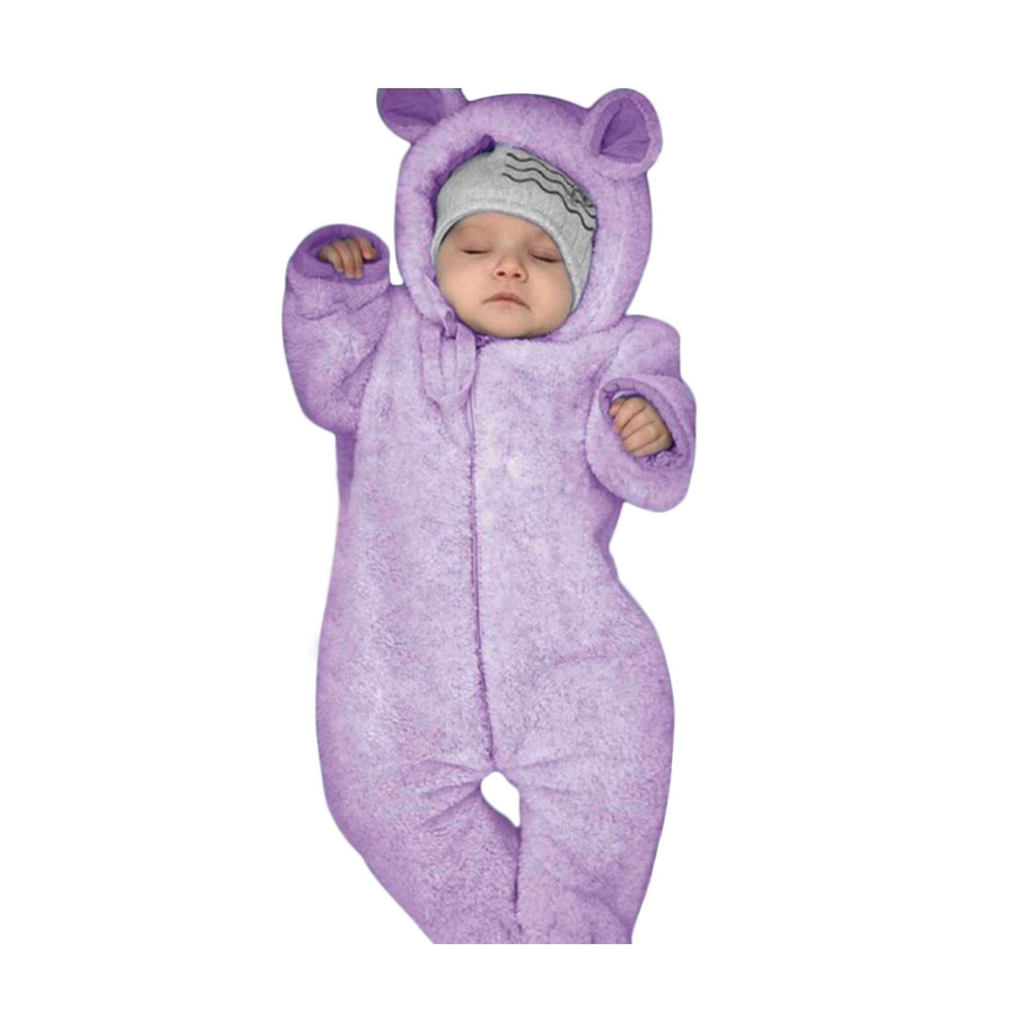 Legou Fleece warm and windproof hooded design one-piece solid color innocent and cute baby fall/winter romper Purple 60