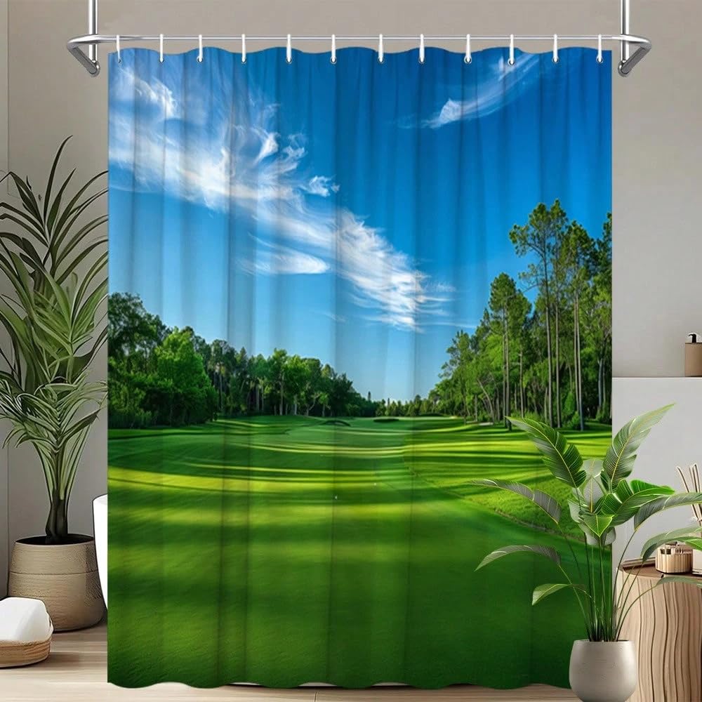 Duschvorhang mit Golfmotiv, Blauer Himmel mit weißen Wolken und EIN lebendiges grünes Golfplatzdesign, für Moderne Badezimmer (240 x 199 cm / 94 x 87 Zoll (B x H))