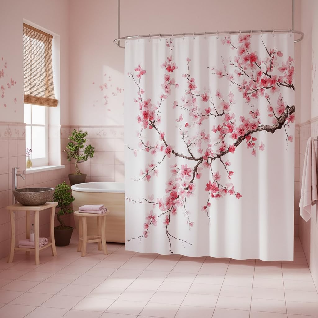 Rideau de douche de style japonais en tissu esthétique fleurs rouges naturelles