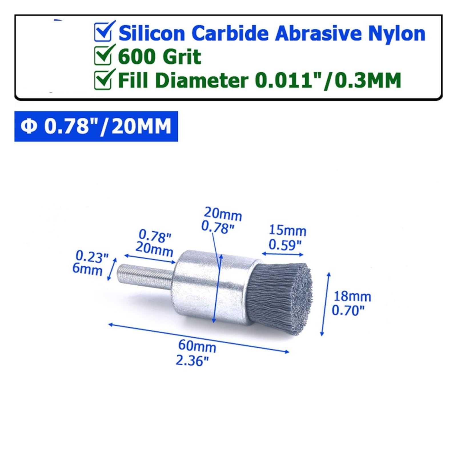 Spazzola a tazza con disco metallico, Set spazzole abrasive in nylon in acciaio al carbonio, diametri 4-32mm, grane 120-800 1 pz(0.78in(20mm) 600Grit)