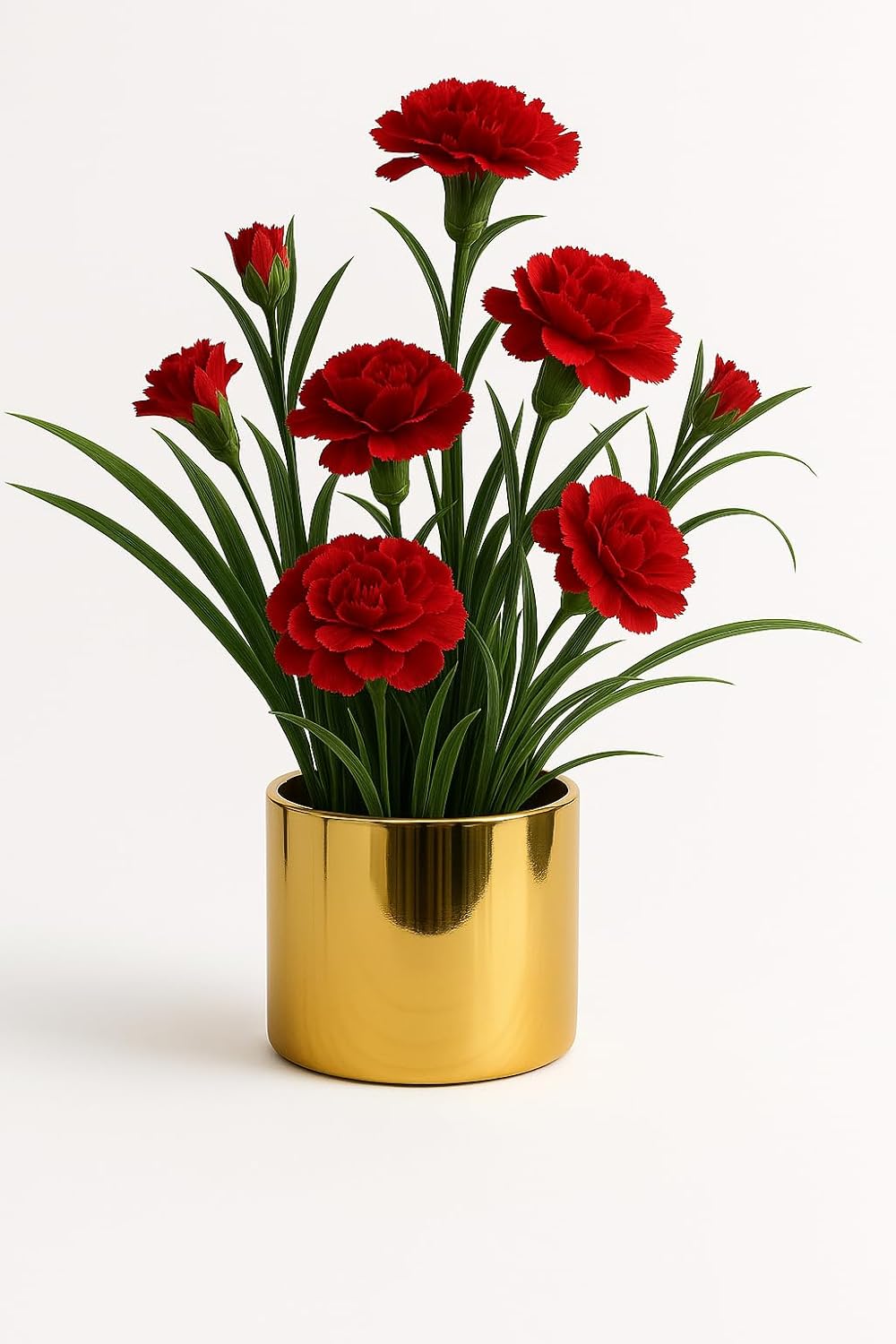 “Artificial Red Carnation Plant in Gold Pot – Elegant Home or Office Decor, Realistic and Maintenance-Free”