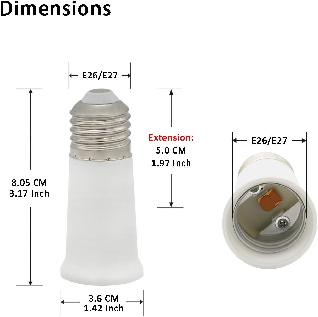 CliCli E26 Base Light Bulb Socket Extender (Extension: 5 CM/1.97 Inch), 6-Pack E26 to E26 Standard Medium Screw Base Lamp Socket Adapter, Max 200W and 165℃ Heat-Resistant E26 Extension Adapter