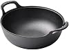 Uncoated Cast Iron Wok with Dual Handles and Wooden Lid, Flat Bottom Non-Stick Frying Pan 20cm for Stir-Frying, Deep-Frying, Braising, Steaming on Induction, Gas and Electric S(A)